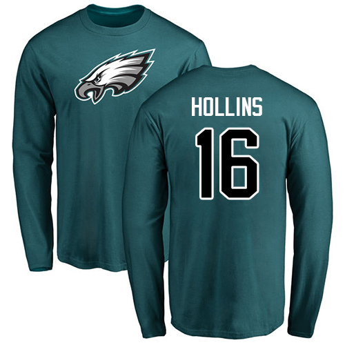 Men Philadelphia Eagles #16 Mack Hollins Green Name and Number Logo Long Sleeve NFL T Shirt